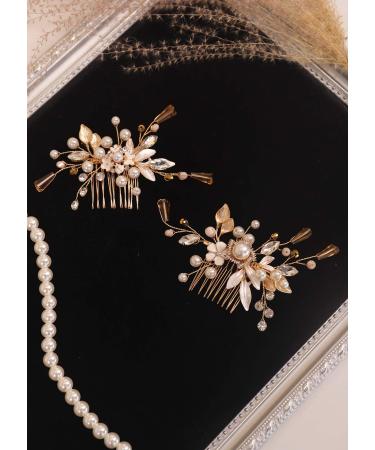 Kercisbeauty Gold Leaf Champagne Crystal Hair Comb Set for Women Wedding Bridal Hair Accessories Hair Styling Art Deco Boho Jewelry - Buy Online on GoSupps.com