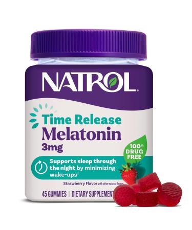 Natrol Time Release Melatonin Gummies Sleep Support for Adults 3 mg Melatonin Supplements for Sleep Support 45 Strawberry-Flavored Gummies Up to a 45 Day Supply Strawberry 45 Count (Pack of 1)