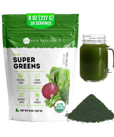 Kate Naturals Organic Super Greens Powder. Daily Greens Superfood Blend with Probiotics & Fiber for Smoothies and Juice (30 Servings 8oz Natural)