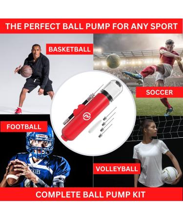 Hand Pump for Balls with 5 Needles - Fast Inflation for Basketball, Soccer, Volleyball, Football - Red - Buy Online on GoSupps.com