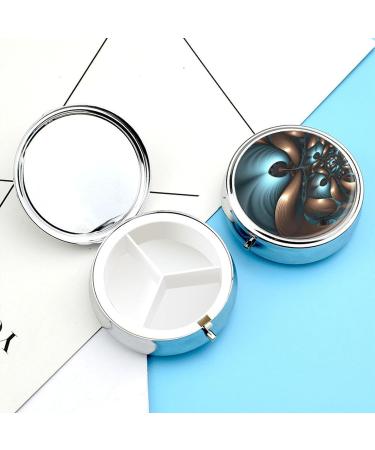 Decorative Round Pill Box - 3 Compartment Abstract Blue Brown Print | Portable Metal Pill Organizer for Travel - Buy Online on GoSupps.com