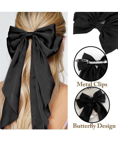 2 Pcs Big Hair bow Hair Bows for Women Bow Hair Clip Elegant Solid Color French Barrette Bows For Hair With Long Silky Satin Hair Barrettes Accessories Bow Hair Clips for Women Girls(Black+Black) - Buy Online on GoSupps.com