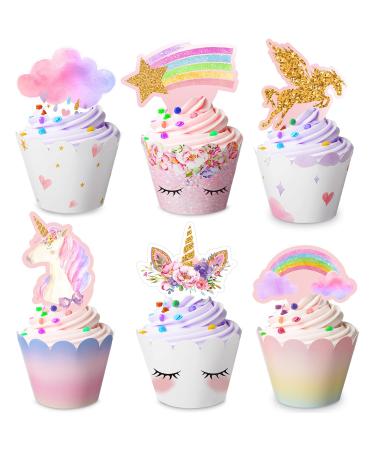 30 Pieces Unicorn Cupcake Toppers and Wrappers Unicorn Cupcake Decorations Unicorn Cup Cake Liners Rainbow Unicorn Birthday Party Supplies Unicorn Topper Decorations for Girls Women Birthday Party