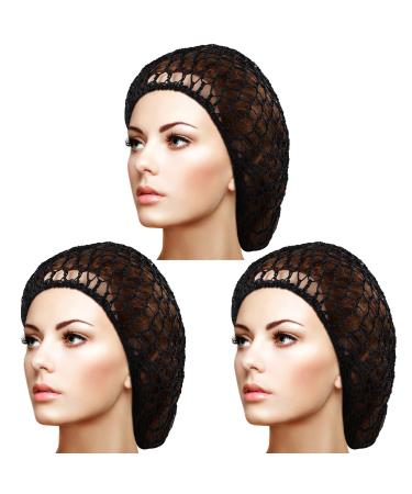 3 Pieces Mesh Hair Net Rayon Crochet Hair Nets Knit Snood Hat Crocheted Sleep Cap (Black)