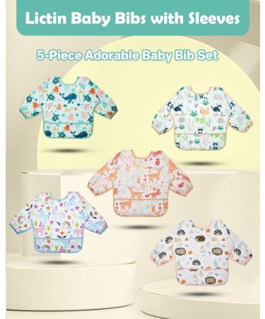 Lictin Waterproof Baby Bibs with Sleeves 5 Pcs - Unisex Feeding Apron for Infant Toddler 0-2 Years - Cute Cartoon Design - Multicolor - Buy Online on GoSupps.com