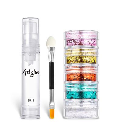 Beliky Girl 5 colors of face and body glitter holographic glitter for face nails art lip makeup and shine with a double-ended brush and a bottle of gel