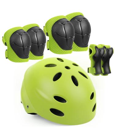 Kids Protective Gear, Helmet Knee Pads and Elbow Pads Set with Wrist Guard Skateboard Accessories for Rollerblading Skateboard Cycling Skating Scooter. Green