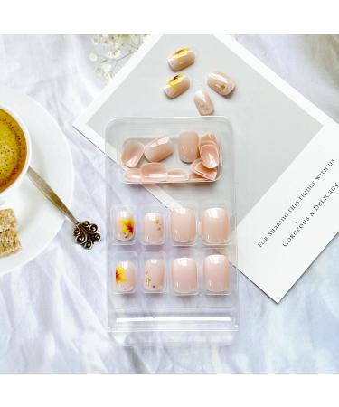 Thanksgiving Press on Nails | Pink Short Fake Nails with Gold Foil & Maple Leaves | Autumn Acrylic Nail Art for Women & Girls - Buy Online on GoSupps.com