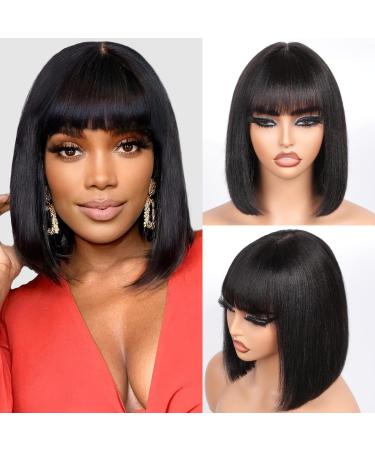 QAVA Light Yaki Straight Bob Wig Human Hair Wigs with Bangs 2x1 HD Lace 180 Density Wear and Go Glueless Wig Short Black Bob 100% Brazilian Human Hair Realistic Wigs With Bangs for Women 10 Inch 10 Inch Yaki Straight