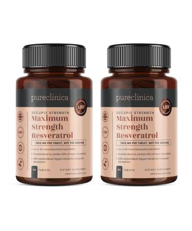 pureclinica 1000mg Resveratrol x 180 Tablets (2 Bottles of 90 Tablets Each - 6 Months Supply). 10 x Strength and with Black Pepper Extract for Faster Absorption 90 Count (Pack of 2)