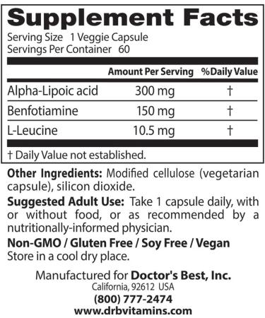 Doctor's Best Benfotiamine 150mg & Alpha-Lipoic Acid 300mg - 60 Vegan Capsules for Diabetes Support - Buy Online on GoSupps.com