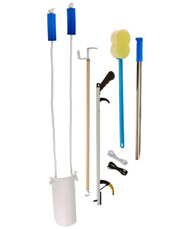 Sammons Preston - 49850 Complete Hip Replacement Kit, Recovery Kit with Assorted Daily Living Tools Including Sock Aid, 24" Shoehorn, 26" Reacher Tool, Bath Sponge, Dressing Stick, 26" Shoelaces 1-(Pack)