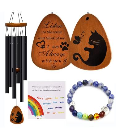 SHOW-YA Cat Memorial Gifts Wind Chimes,Cat Loss Sympathy Gifts to Honor and Remember Cat,Pet Memorial Gifts for Cat Lovers with 7 Chakra Rainbow Bridge Bracelet,28 inches