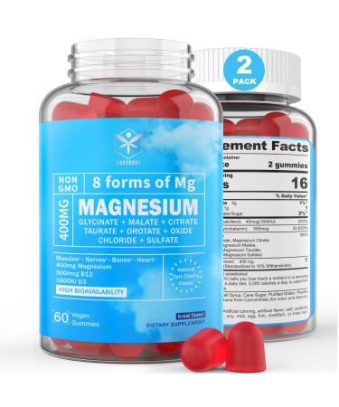 Magnesium Gummies 400mg | as 8 Forms of Magnesium Glycinate  Malate  Citrate  Taurate  Oxide  and More | with Ashwagandha Extract  D3 & B12 Supports for Calm  Zzz  Mood  Muscle Cramp - Vegan 120 Cts