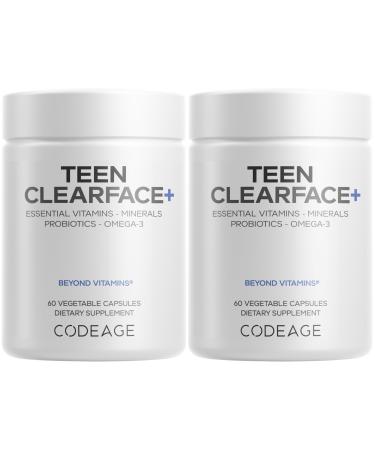 Codeage Teen Clearface Adolescent Face Skin & Pimples Vitamins A C D3 E Pantothenic Acid Niacin Zinc Supplement Teenagers Probiotics L-Lysine Omega-3 Oily Skin Pores Spots - 2 Pack 60 Count (Pack of 2)