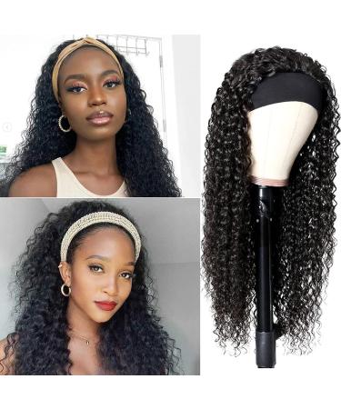 SIADEE Curly Headband Wig Human Hair for Black Women Brazilian Curly Human Hair Headband Wigs Glueless None Lace Front Headband Wigs Machine Made Wigs 150% Density Natural Black (14) Curly Headband Wig 14 Inch (Pack of...