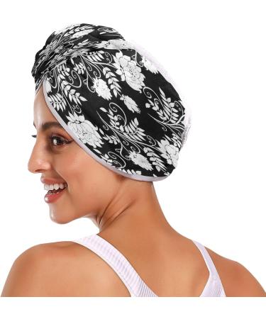 Black and White Flowers Dry Hair Cap | 2 Piece Quick Drying Towel Set with Button Headband | Super Absorbent & Soft Comfort - Buy Online on GoSupps.com