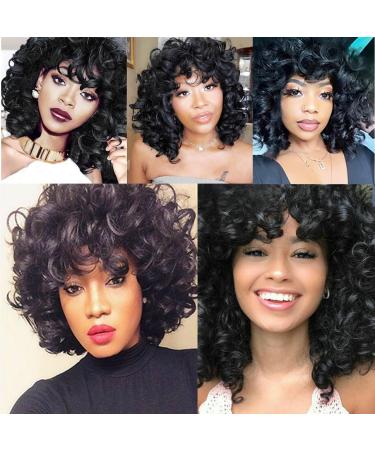 Natural Black Afro Curly Wig with Bangs | Short Heat Resistant Synthetic Wig 14 Inch | Soft Big Bouncy Fluffy Curls for Daily & Party Use - Black Women - Buy Online on GoSupps.com