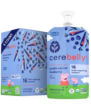 Cerebelly Baby Food Pouches Stage 1  Purple Carrot Blueberry Smoothie (Pack of 6), Organic Fruit & Veggie Purees, Great Toddler Snacks, 16 Brain-supporting Nutrients from Superfoods, No Added Sugar Purple Carrot Blueberry 4 Ounce (Pack of 6)