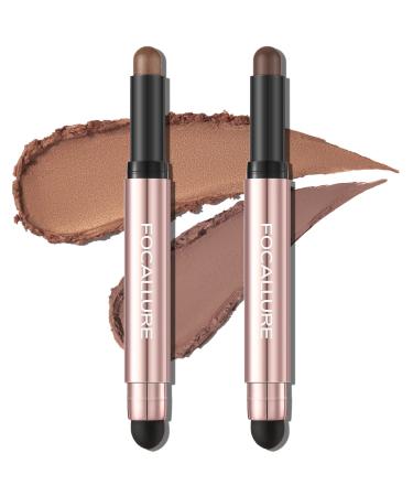 FOCALLURE 2PCS No Crease Eyeshadow Stick Shimmer and Matte Cream Eyeshadow Pencil Crayon Long Lasting Waterproof Eye Brightener Stick With Blending Brush Daily Chocolate