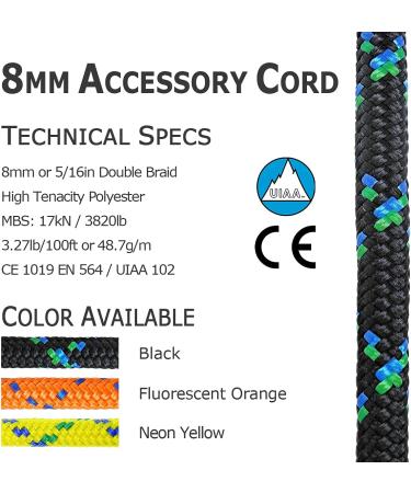 GM CLIMBING 8mm Accessory Cord Rope Double Braid Pre Cut CE/UIAA - Black 20ft - Buy Online on GoSupps.com