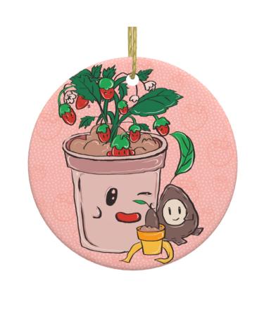 YYHHAOFA Sunflower Seeds and Strawberries Pattern Christmas Ceramic Round Pendant Decoration - Festive Hanging Ornament for Stores and Homes -2.9 in