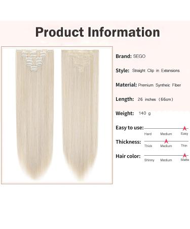 SEGO Clip In Hair Extensions 8 Part Set | 66cm Smooth Natural Ash Blonde & Silver Gray Mix | Premium Synthetic Hair - Buy Online on GoSupps.com