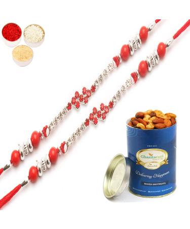 Ghasitaram Gifts Rakhi for Brother Rakhis Online - Set of 2-333 Diamond Rakhi with 100 GMS of Dryfruits Mix Can 2 Rakhi with 100 gms of Dryfruits Mix Can