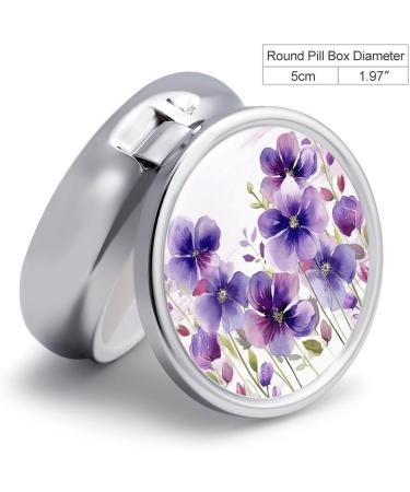 Round Purple Flowers Print Pill Box | 3 Compartment Portable Medicine Organizer | Decorative Metal Pill Case for Travel - Buy Online on GoSupps.com