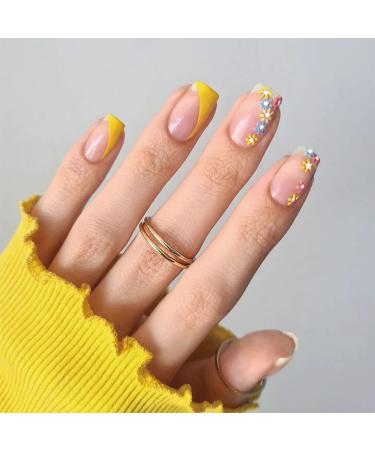 JUSTOTRY 24 Pcs Square False Nails Short Yellow French Press on Nails Flower Pattern Cute Floral Fake Nails Short with Nail Glue Nude Stick on Nails for Women Nails Fake Nail for Nails Art yellow square 1