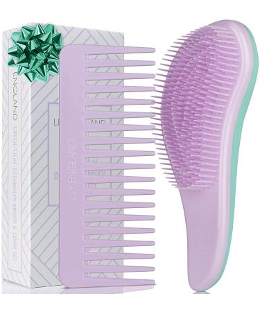 Detangle Hair Brush and Wide Tooth Comb Set Easy to Hold Detangler Hairbrush and Detangling Comb for Women and Kids for Wet or Dry Fine Curly Thick Afro Hair by Lily England (Green Lilac) Detangler and Comb Set Green Lilac