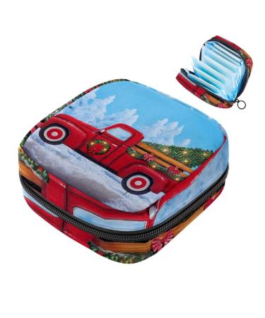 Vintage Red Truck Christmas Tree Outdoor Sanitary Napkierte Menstruation Pad Bag Portable Menstrual Cup Pocket With Zipper for Teenage Girls Women Women