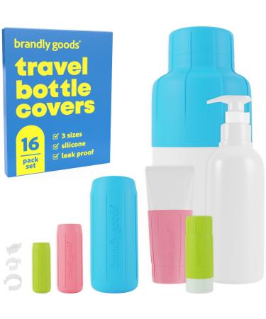 Brandly Goods Multi-Size Silicone Bottle Covers for Travel Leak-Proof Stretchable Sleeves & Safety Clip Locks Silicone Covers for Travel Toiletries Bottle Covers for Traveling Essentials 16