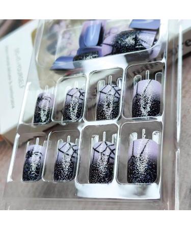 Buy Halloween Press on Nails - Short Square Glitter Black Gradient Full Cover Acrylic Nails for Women & Girls | 24 Pcs Spiderweb Design - Buy Online on GoSupps.com