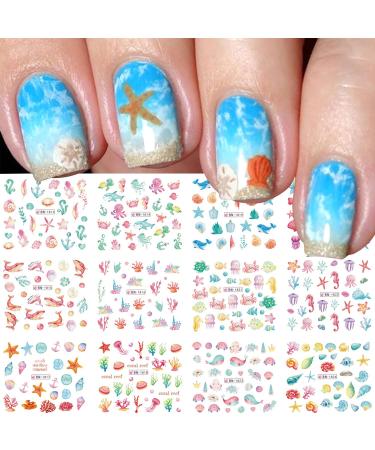 Firot Summer Ocean Nail Stickers Nail Art Water Transfer Decals Summer Nail Art Supplies Ocean Design Sticker Acrylic Nails Mixed Shapes Nail Ocean Shell Starfish Sea Animals 12 Sheets  12 Piece Set