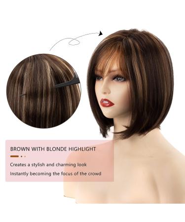 Short Bob Wig for White Women with Bangs - Brown Mixed Blonde Highlights - Synthetic Hair Replacement for Daily Wear - Buy Online on GoSupps.com