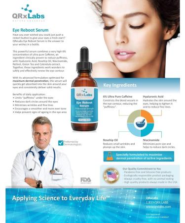 Eye Reboot Serum - 6% Caffeine, Hyaluronic Acid, Rosehip Oil, Retinol - Reduces Dark Circles, Puffiness, Wrinkles - 1oz - Buy Online on GoSupps.com