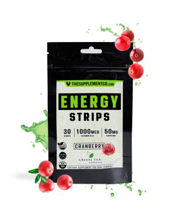 Energy Strips - 50 Mg of Caffiene - Quick absorbtion 100% All Natural Formula - Cranberry Flavor - 30 Strips
