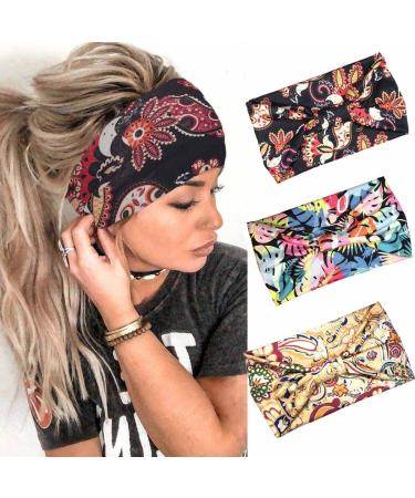 Fashion band Boho Width Beautifier Elastic Yoga Hair Band Black Flower Headscarf Knot Turban Head Wicker For Women and Girls (3 Pieces) Yellow Flower