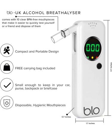 BLO Alcohol Breathalyzer with Digital LCD Screen | Portable Breath Tester for Fast & Accurate BAC Results | Includes 10 Disposable Mouthpieces and Carry Bag - Buy Online on GoSupps.com