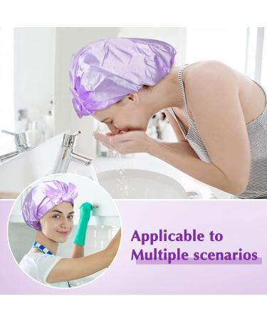 Arqumi Reusable Shower Cap with Ribbon Bow | Waterproof Double-Layer Bath Cap for Women Men | Large Elastic Hair Bonnet for Long Thick Hair - Purple C Shower Cap - Buy Online on GoSupps.com