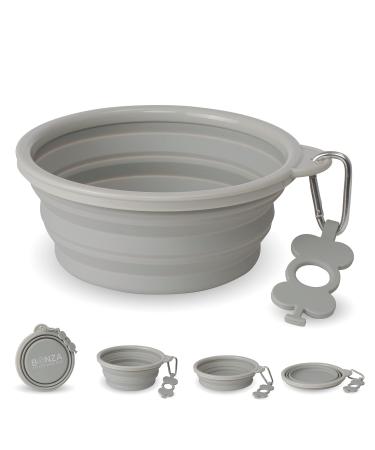 Bonza Extra Large Collapsible Dog Bowl 1500 ml Sturdy Reinforced Rim including carabiner & water Bottle Holder Keychain Light Gray Light Gray X-Large