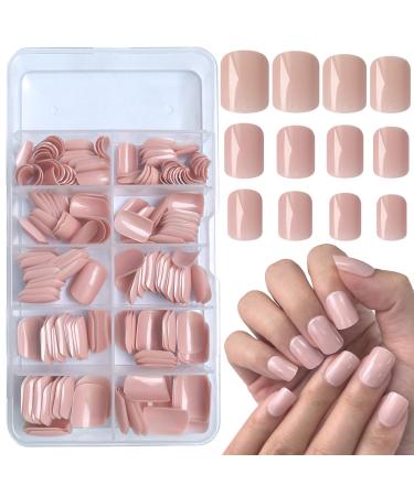 Bellelfin 240pcs Short Press on Nails Nude Pink Full Cover Short Square Glossy Fake Nails Acrylic Artificial False Nail Tips with 5 Sheets Adhesive Glue Tabs for Women and Girls Fingernails Design