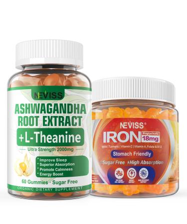 NEVISS Ashwagandha Gummies 2000mg Feel Refreshed Plus Proprietary Blend Vegan Iron Gummies Supplement with Vitamin C B12 Folate & Turmeric - Energy & Immune Health