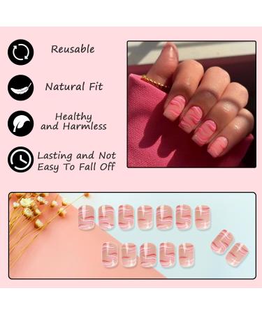 24Pcs French Short Square Glossy Press on Nails with Glue - Pink & Red Waves - Buy Online on GoSupps.com
