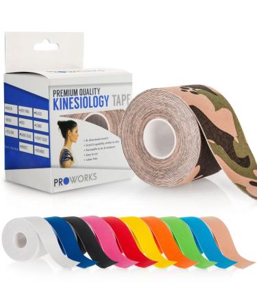 Proworks Kinesiology Tape | 5m Roll of Elastic Muscle Support Tape for Exercise Sports & Injury Recovery Camo Green