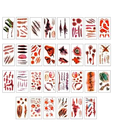 Xhwykzz Halloween Horror Wound Zombie Fake Scar Cuts Temporary Tattoos  3D Halloween Makeup and Party Decorations (30 Sheets)