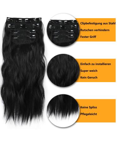 Clip In Beach Wavy Hair Extensions - 4 Pieces Black Synthetic Hair for Women | Thick Soft 50cm Full Head Extensions (1B#) - Buy Online on GoSupps.com