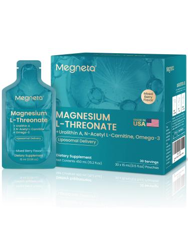 MEGNETA Magnesium L-Threonate Liquid, 2000mg Magnesium L-Threonate, Liposomal for High Absorption, with Urolithin A, N-Acetyl L-Carnitine & Omega-3, Brain, Memory, Focus & Sleep Support, 30 Pouches