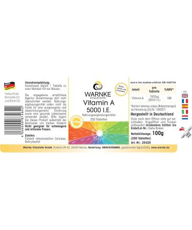 Buy Vitamin A 5000 I.E - High Dose Vegan Tablets - 1500 g Retinol - 250 Tablets | Warnke Vital Substances - German Pharmacy Quality - Buy Online on GoSupps.com